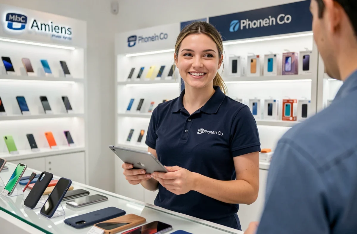 Technicienne de Phone'n Co Amiens accueillant un client dans une boutique moderne de réparation de téléphones et d'accessoires