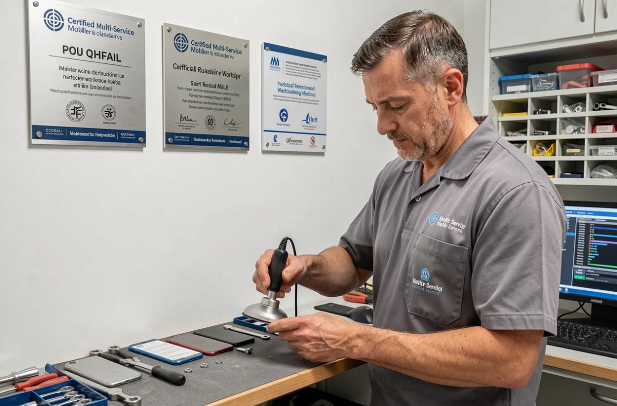 Technicien labellisé de Point Service Mobiles Pau ouvrant un smartphone avec un outil ventouse dans un atelier certifié