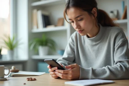 Femme utilisant le presse-papier Android sur son smartphone pour copier-coller du texte dans WhatsApp