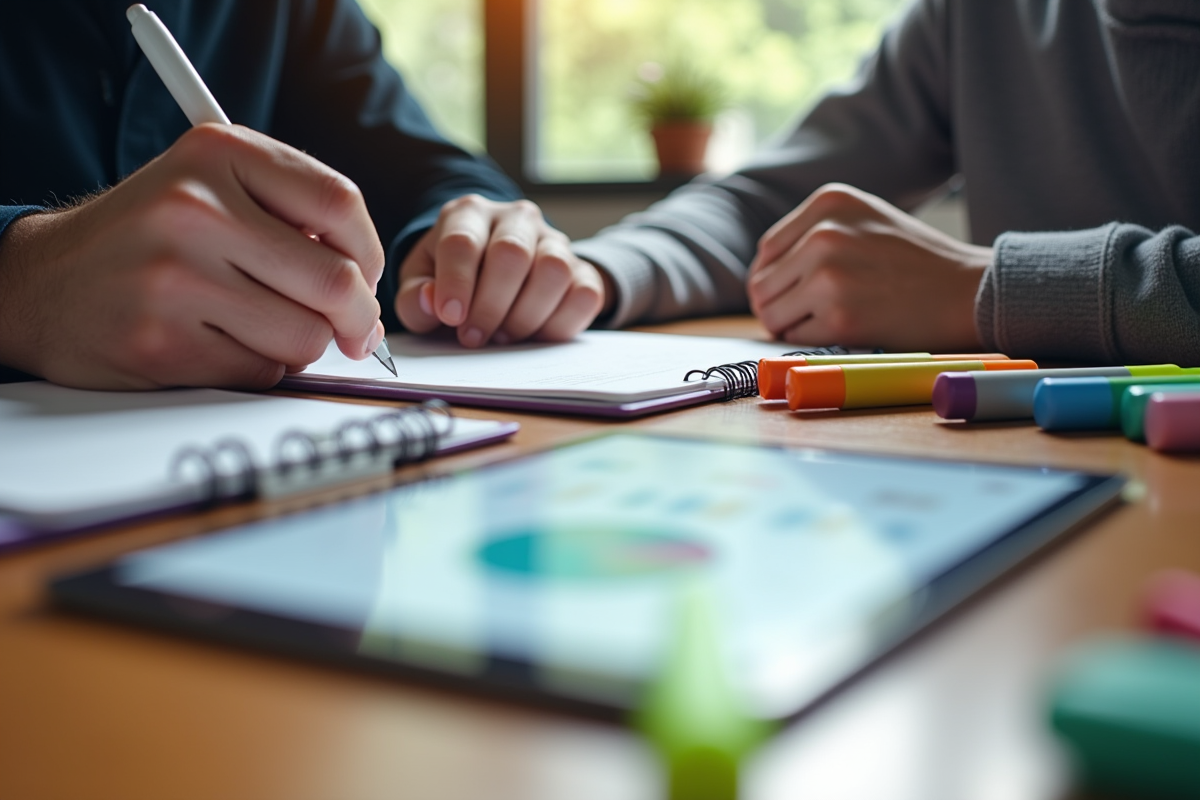 Mains écrivant des notes de stratégie SEO avec des surligneurs colorés