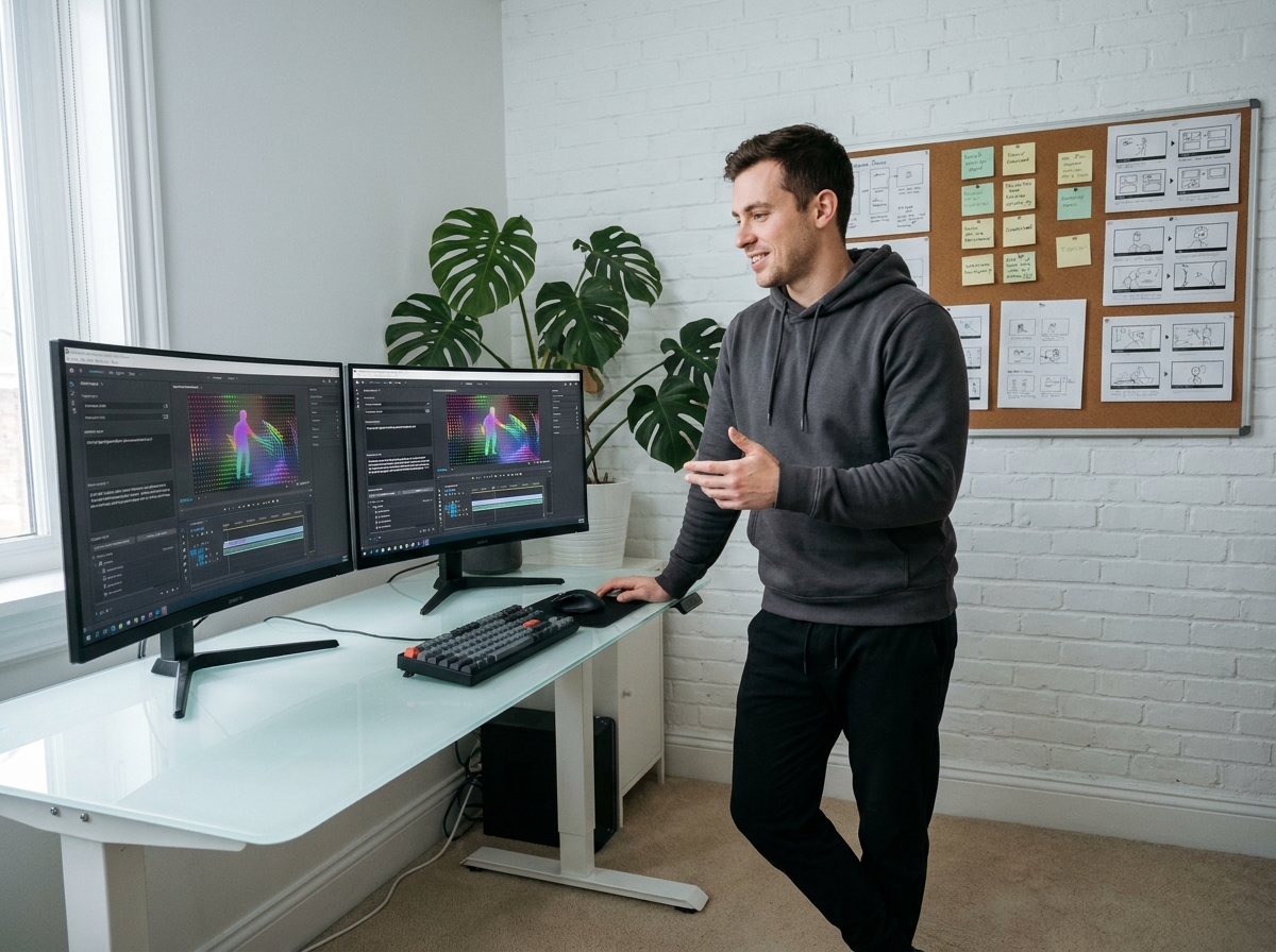 Professionnel du numérique debout à son bureau avec deux écrans affichant des interfaces de génération vidéo par intelligence artificielle