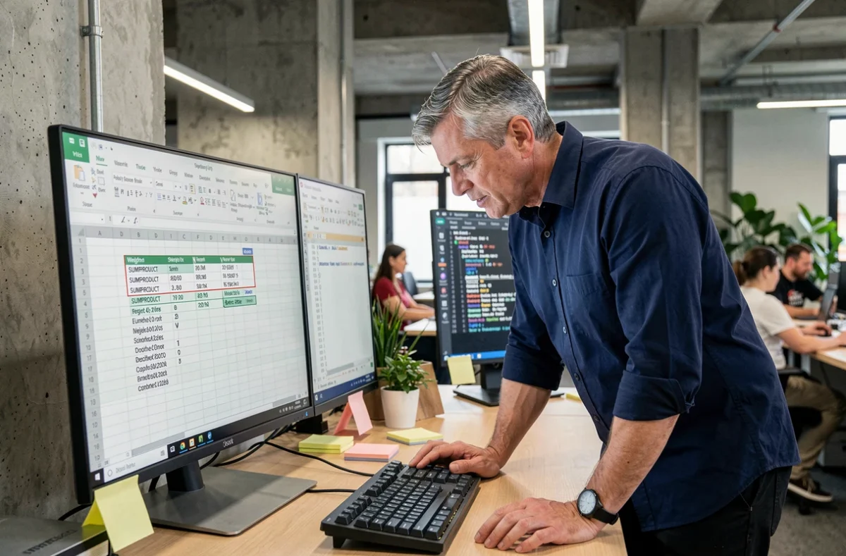 Professionnel analysant une moyenne pondérée sur Excel avec un fichier CSV ouvert sur double écran en open space