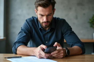 Un professionnel masculin examine attentivement un smartphone sécurisé PGP sur un bureau minimaliste avec une check-list imprimée