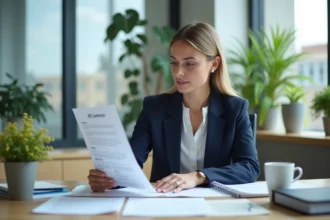 Professionnelle RH analysant des contrats et dossiers numériques dans un bureau moderne