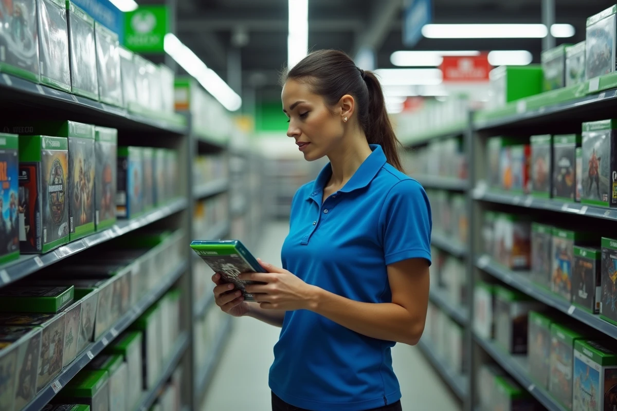 Rayon de jeux Xbox en magasin montrant l'évolution des titres de plusieurs générations de consoles