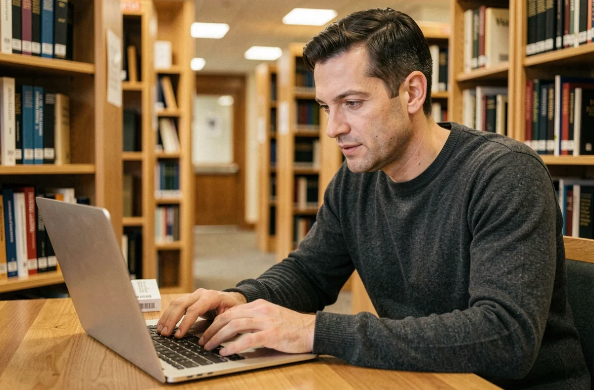 Chercheur utilisant la fonction de recherche avancée dans sa messagerie sur un ordinateur portable en bibliothèque
