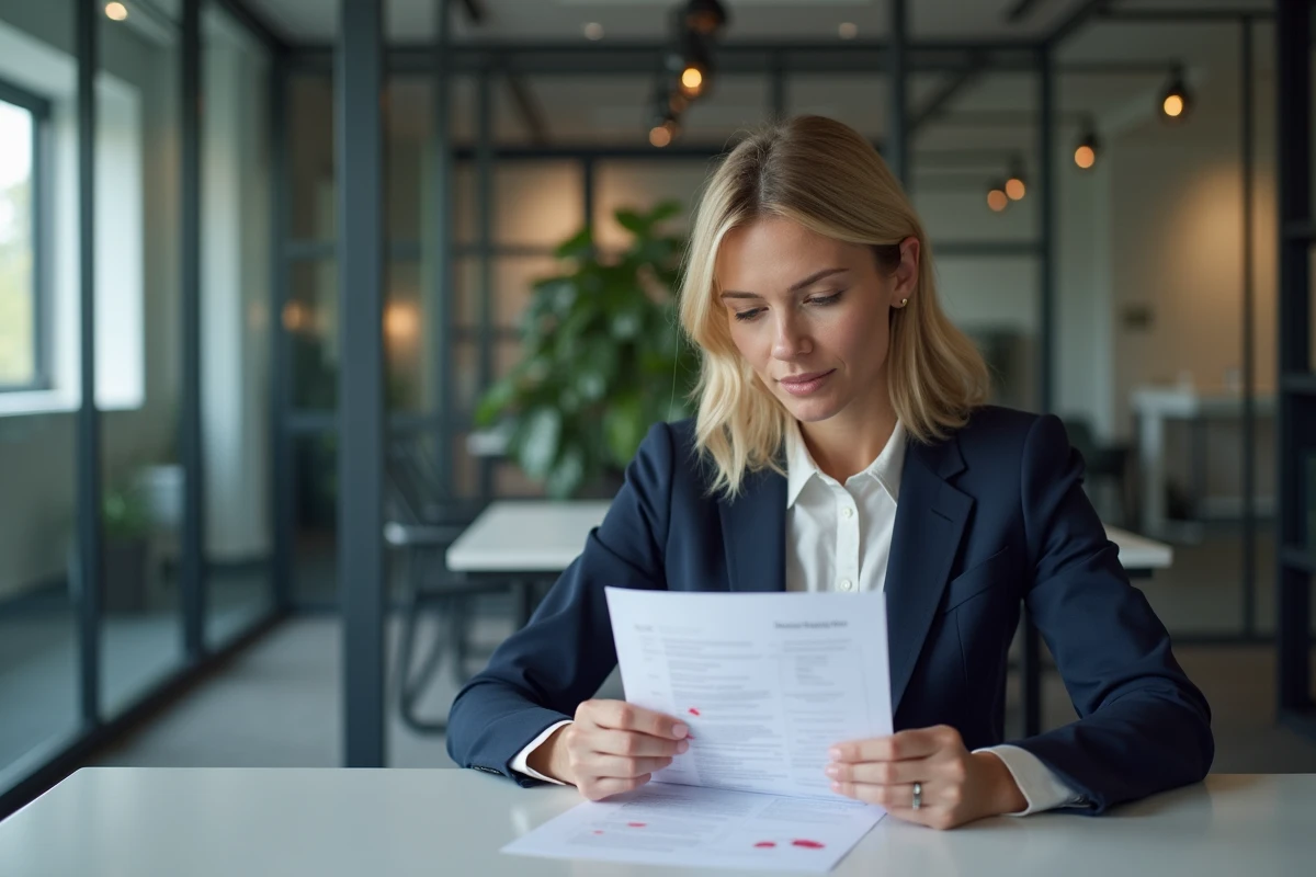 Recruteuse analysant un CV avec des corrections orthographiques dans un bureau moderne, utilisant un correcteur comme Scribens