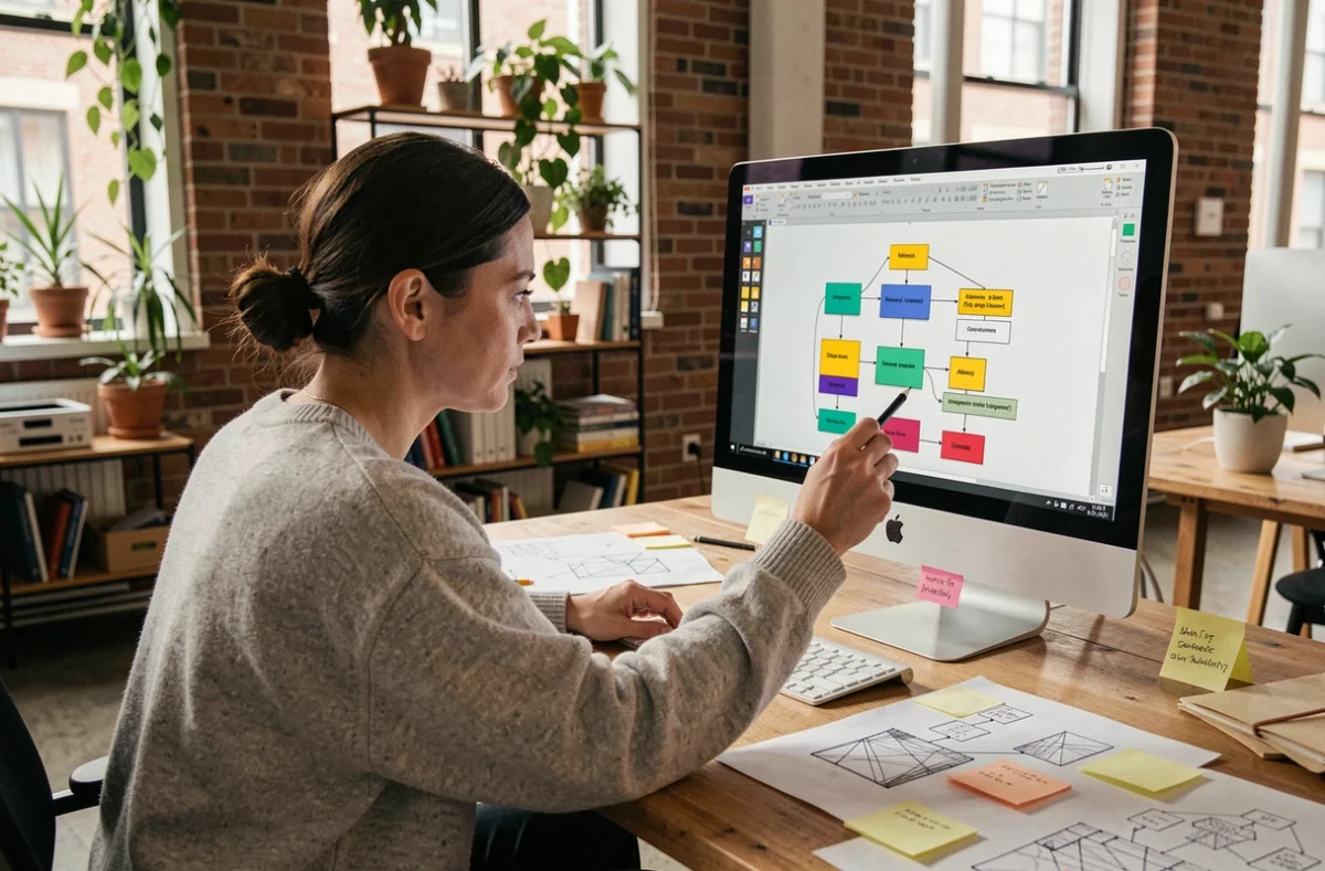 Développeuse web annotant un diagramme CSS sur grand écran dans un studio moderne avec notes et wireframes