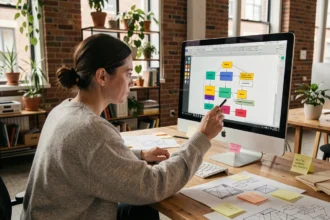 Développeuse web annotant un diagramme CSS sur grand écran dans un studio moderne avec notes et wireframes