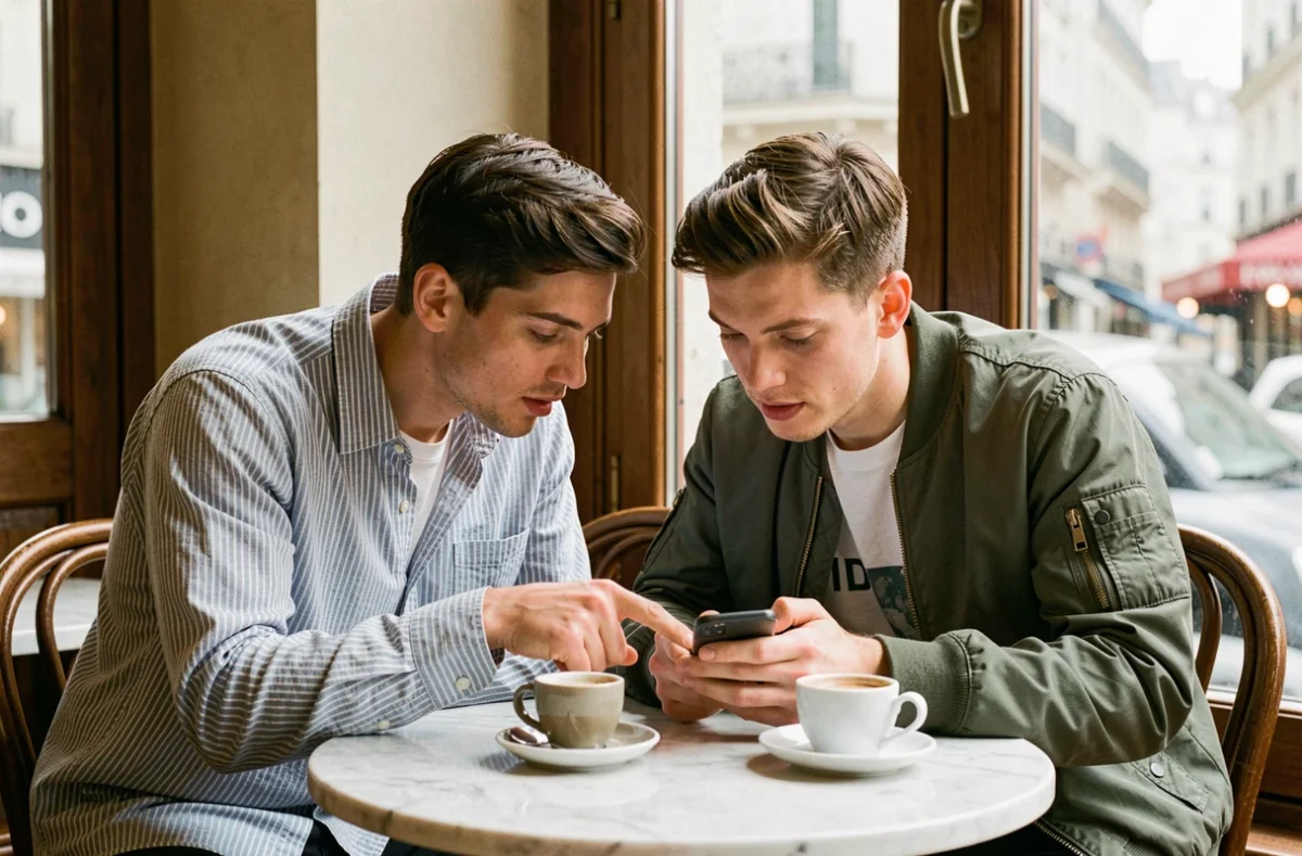 Deux amis regardant ensemble des stories Snapchat sans compte sur un smartphone dans un café parisien