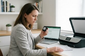 Femme au bureau examinant une cartouche HP avant de la remplacer pour éviter une panne d'impression