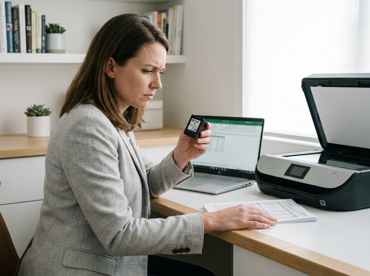 Femme au bureau examinant une cartouche HP avant de la remplacer pour éviter une panne d'impression