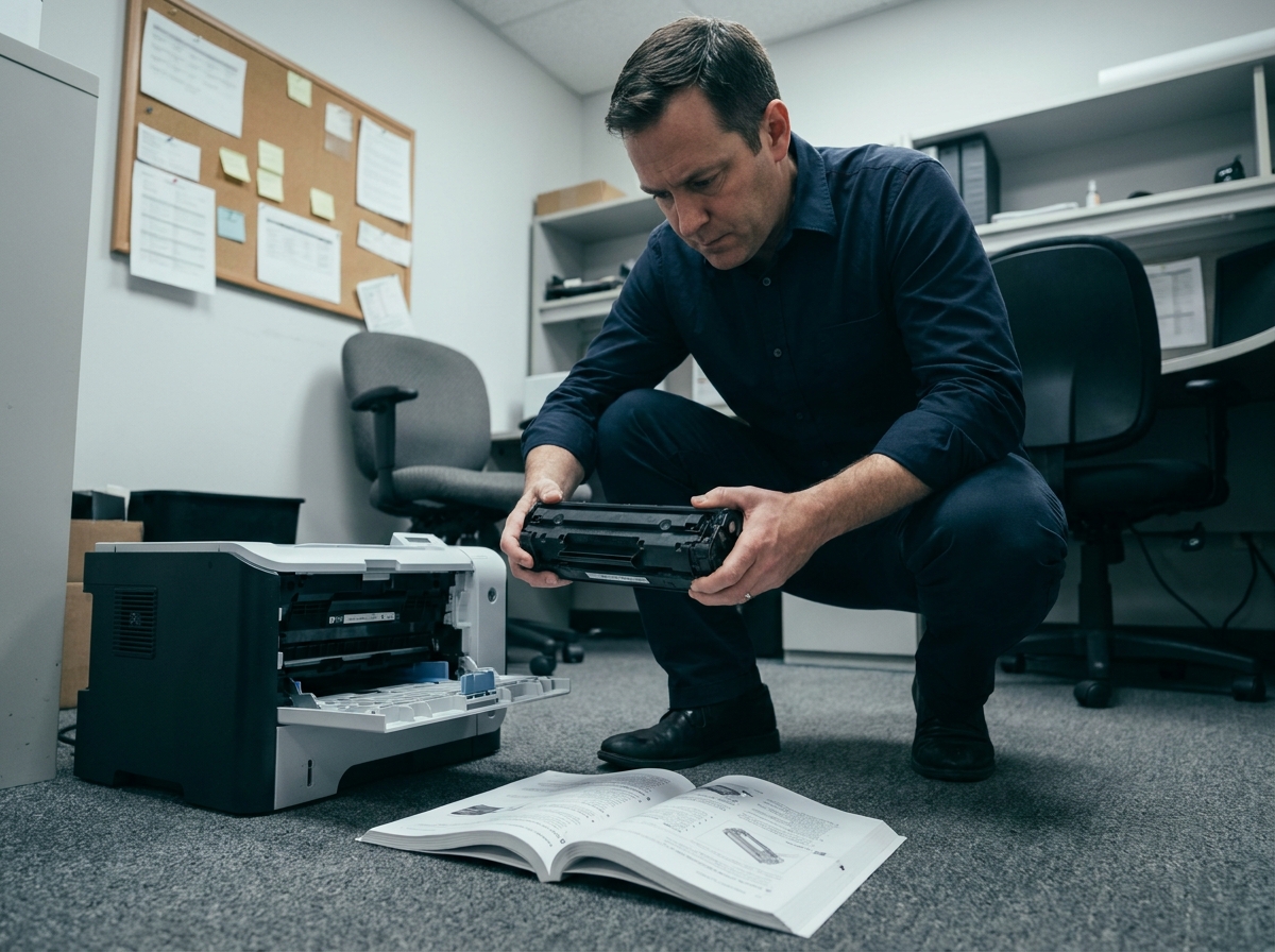 Homme remplaçant une cartouche toner HP dans une imprimante laser de bureau pour prévenir une panne