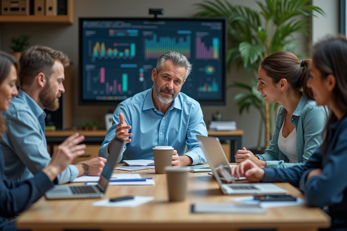 Groupe de collègues en réunion dans un bureau moderne