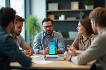 Groupe de professionnels discutant autour d'une table avec smartphone