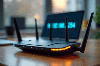 Routeur sans fil moderne sur bureau lumineux avec LED