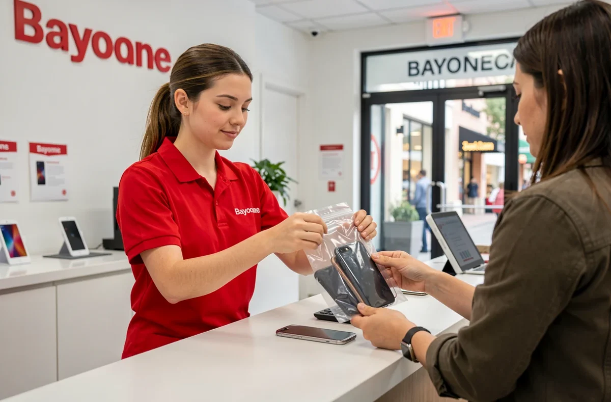 Technicienne du réseau Save à Bayonne remettant un smartphone réparé emballé à un client au comptoir de la boutique