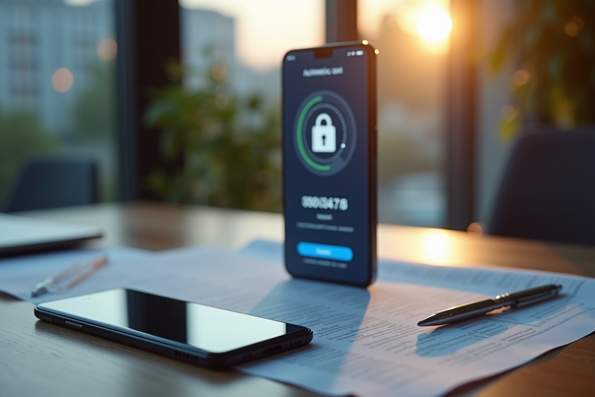 Smartphone affichant une application d'authentification sur un bureau moderne
