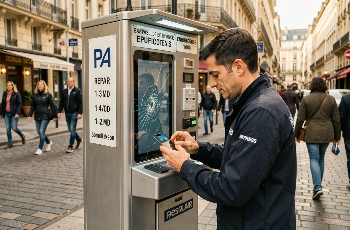 Technicien de SOS Phone Pau remplaçant un écran fissuré dans un kiosque express en plein centre-ville de Pau