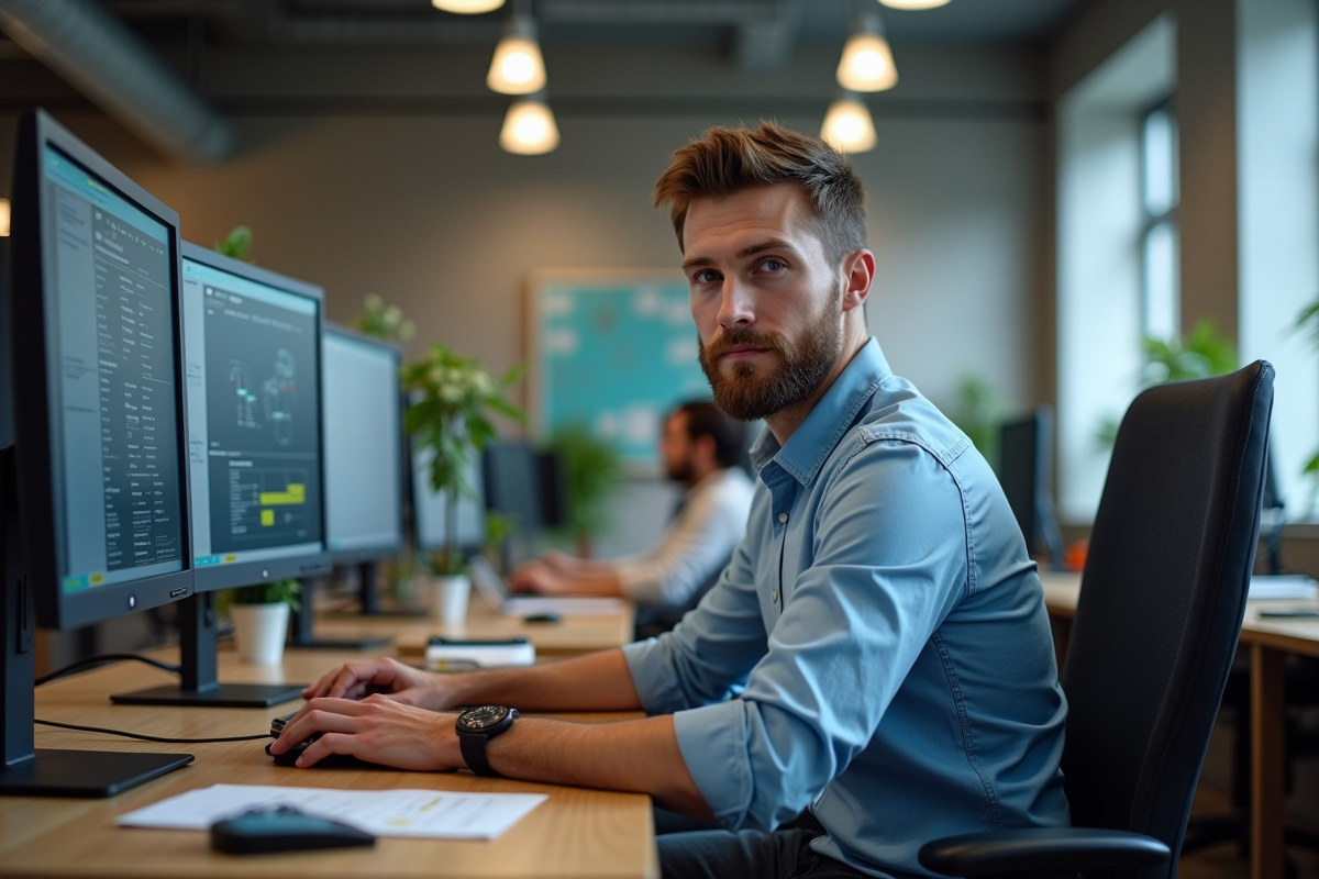 Homme en informatique concentré sur ses écrans dans un bureau moderne