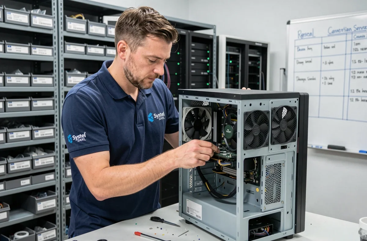Technicien de Systel SARL inspectant les composants internes d'un ordinateur de bureau dans un centre de services informatiques professionnel