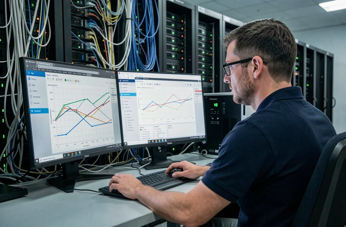 Technicien informatique analysant les performances réseau d'un intranet universitaire dans une salle serveur