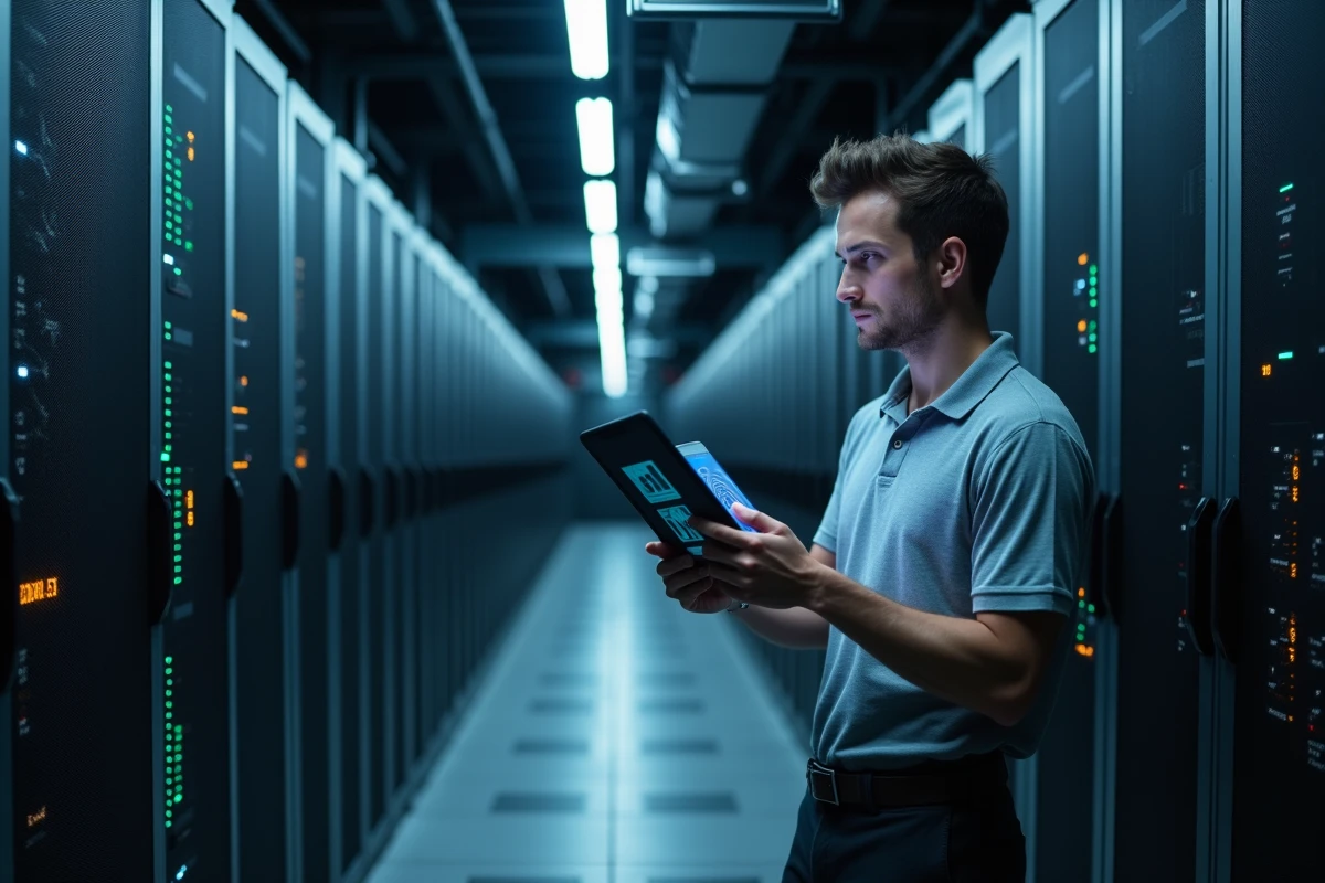 Technicien informatique vérifiant des adresses IP suspectes sur tablette dans une salle de serveurs professionnelle