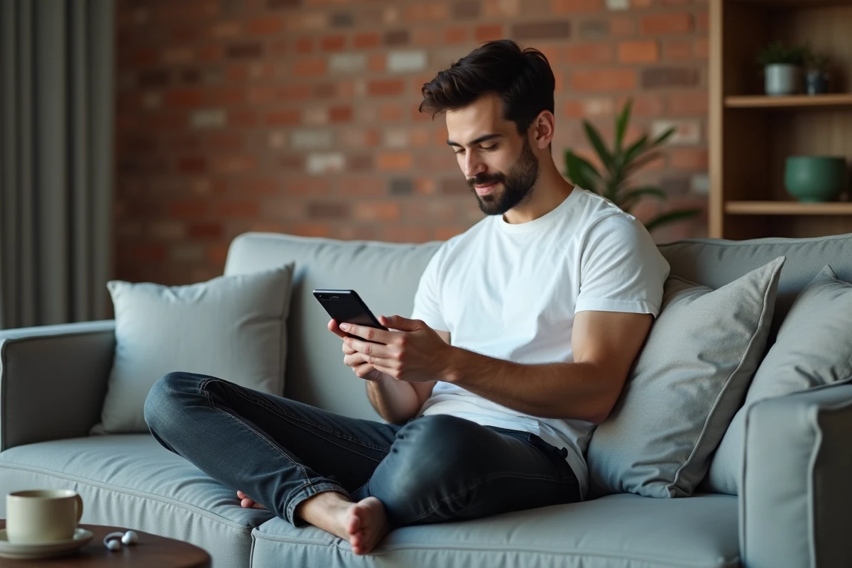 Homme sur un canapé utilisant son smartphone pour télécharger de la musique en MP3 depuis YouTube