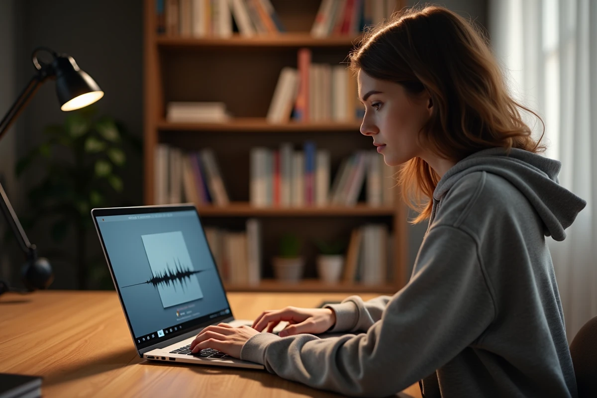 Jeune femme utilisant un Chromebook pour télécharger de la musique en MP3 depuis YouTube dans un bureau à domicile