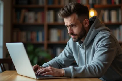 Homme lisant les conditions d'utilisation avant de télécharger un fichier APK sur son ordinateur portable