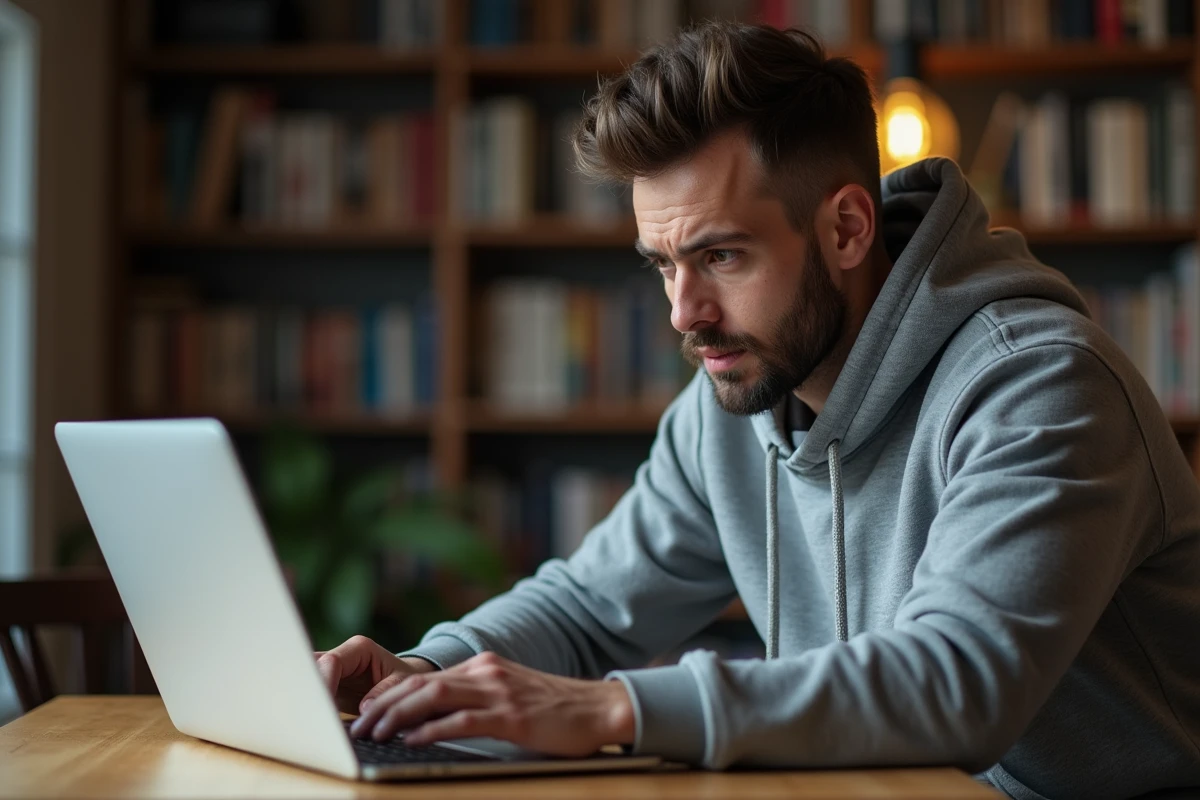 Homme lisant les conditions d'utilisation avant de télécharger un fichier APK sur son ordinateur portable