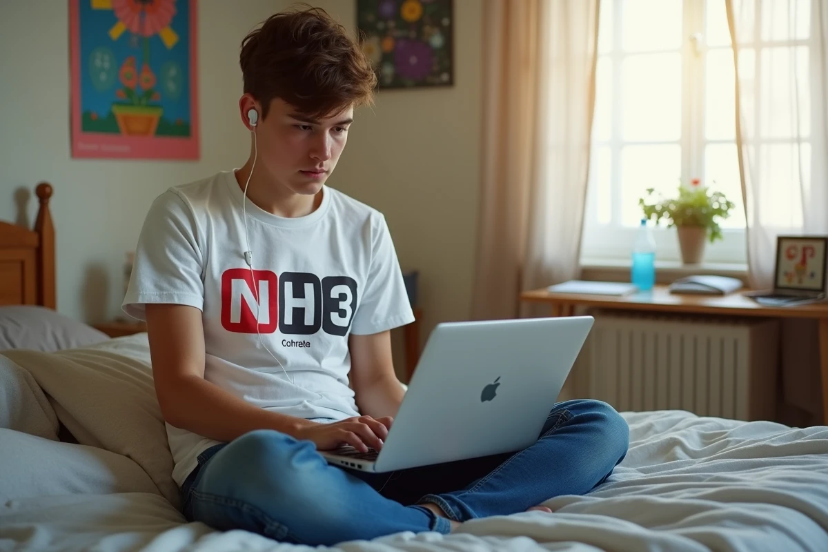 Adolescent téléchargeant de la musique YouTube en MP3 sur un Chromebook depuis sa chambre avec des écouteurs
