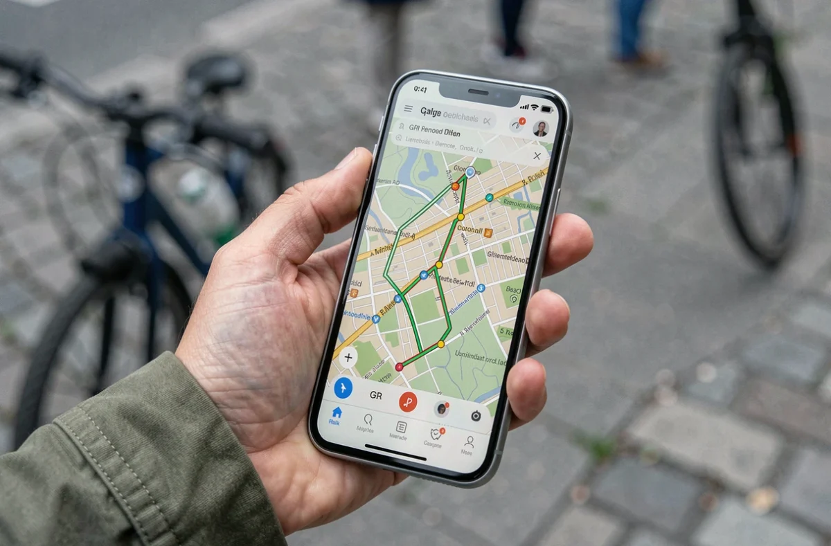 Écran de smartphone affichant un tracé GPX chargé sur une application de cartographie en ville