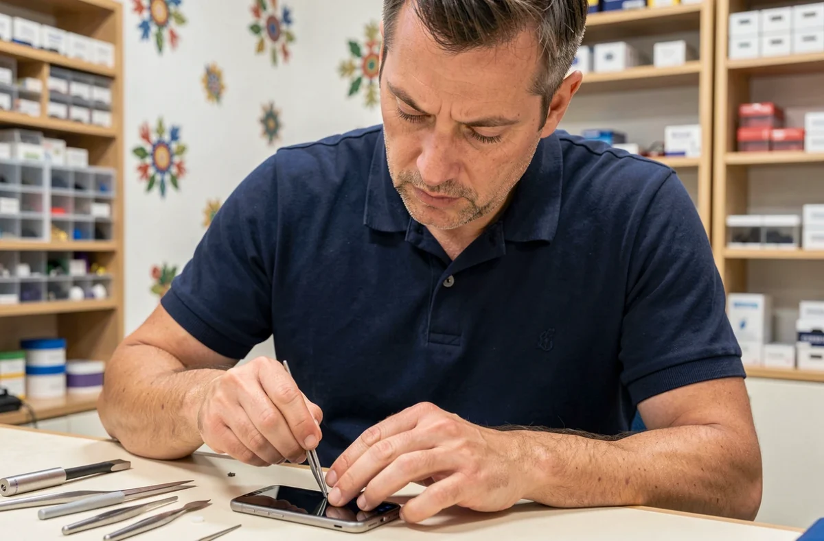 Technicien du réparateur Usta-Info au Pays basque démontant un smartphone avec des outils de précision sur un établi propre