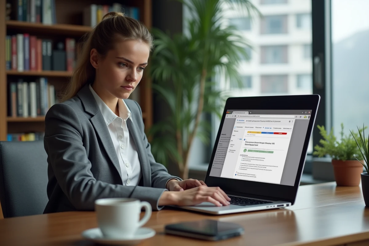 Femme analysant la fiabilité d'une adresse IP via un outil de vérification en ligne depuis son bureau à domicile
