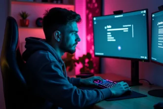 Joueur assis à son bureau gaming en train de vider le cache de FiveM sur son PC via les paramètres du lanceur