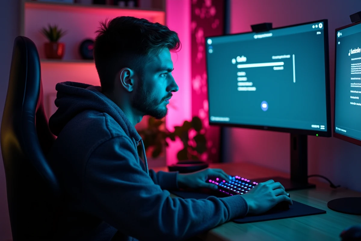 Joueur assis à son bureau gaming en train de vider le cache de FiveM sur son PC via les paramètres du lanceur