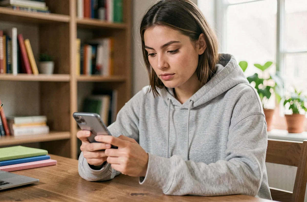 Jeune femme consultant anonymement des stories Snapchat sur son smartphone depuis un bureau en bois à domicile