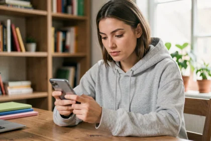 Jeune femme consultant anonymement des stories Snapchat sur son smartphone depuis un bureau en bois à domicile