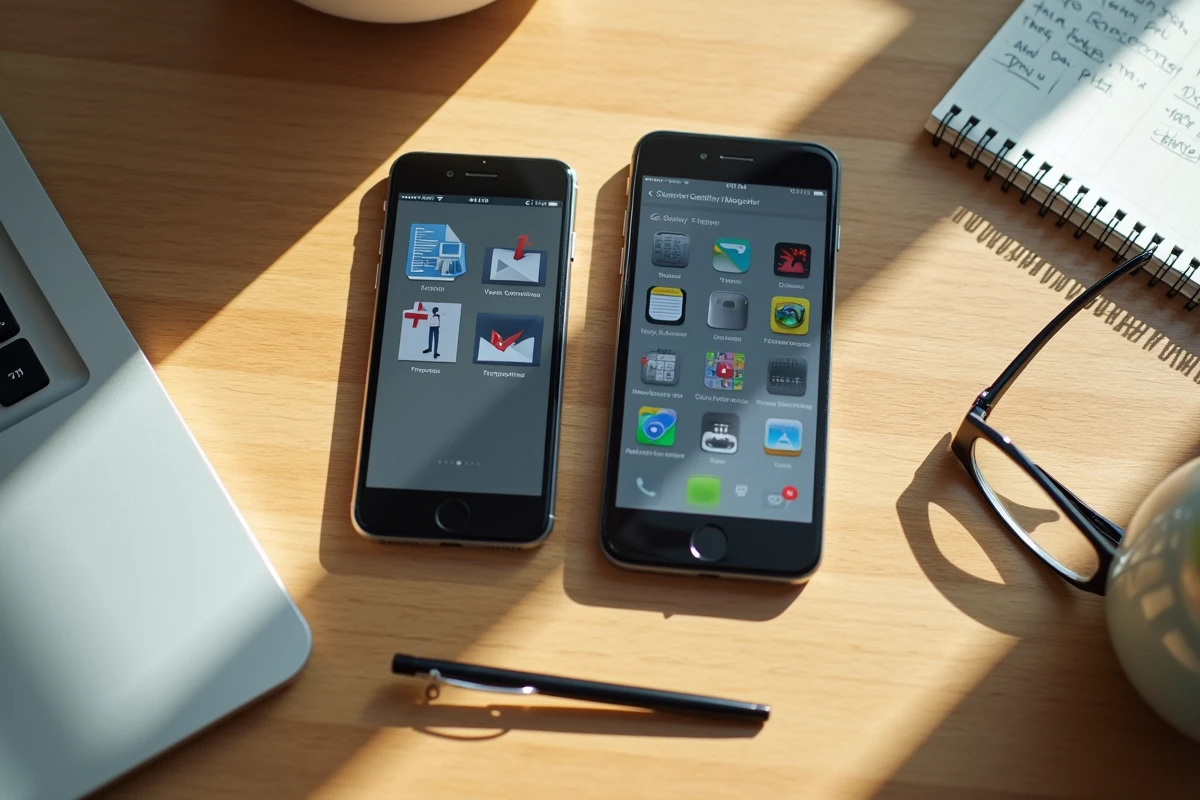 Vue aérienne de deux smartphones affichant la corbeille avec des fichiers supprimés sur une table en bois