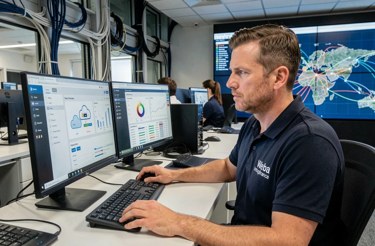Spécialiste infogérance de Weba Infogérance surveillant des tableaux de bord réseau dans un centre d'opérations informatiques moderne