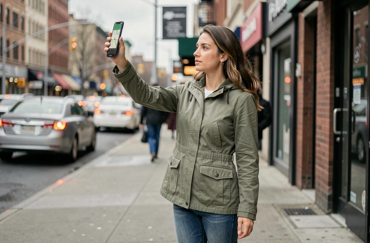 Femme utilisant la navigation GPS du Xiaomi 15 en pleine rue dans un environnement urbain
