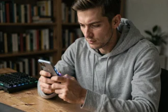 Homme testant le Xiaomi 15 en session de jeu mobile dans un bureau à domicile